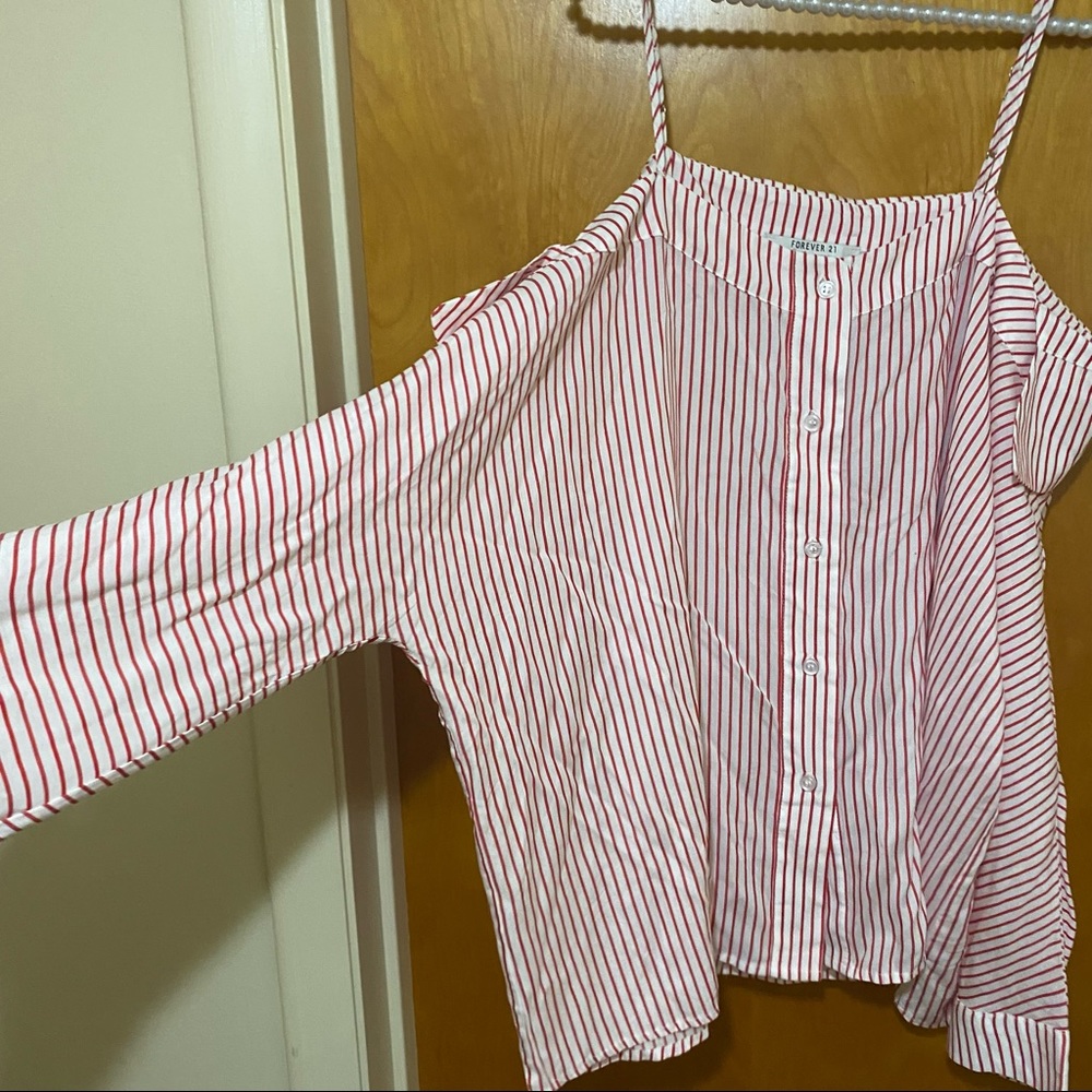 Forever 21 Red and White Striped Cold-Shoulder Button-Front Top